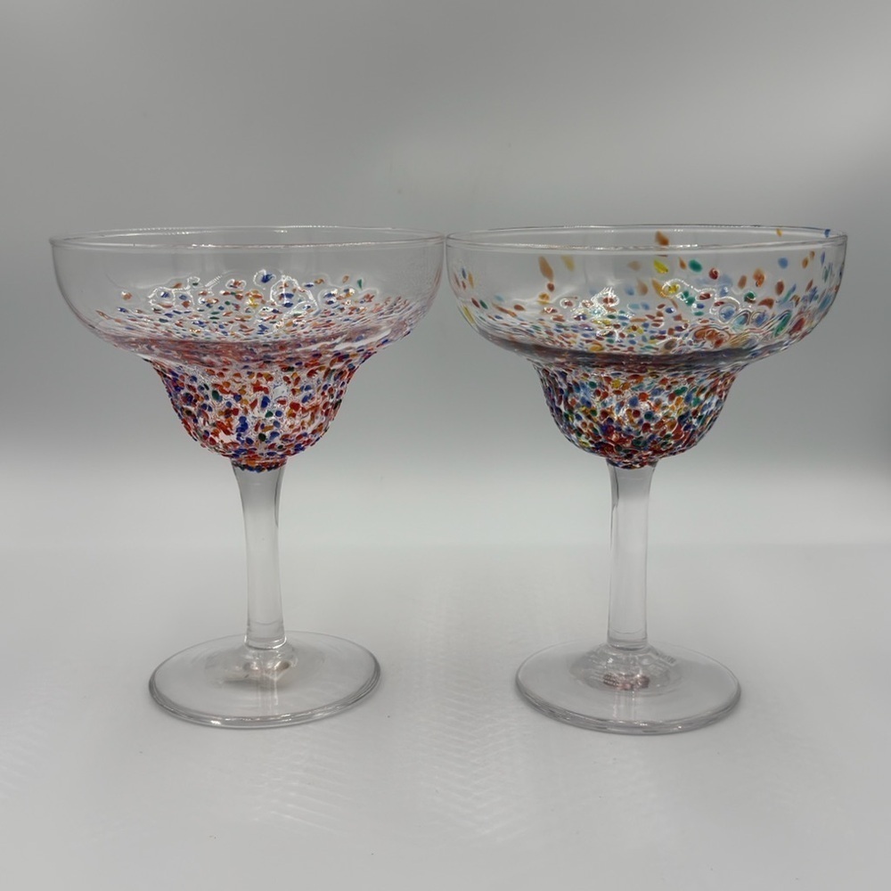 Pier 1 Hand Blown Multi Dot Margarita Glasses Set of 2 New Old Stock